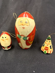 Vintage Hand Painted Wooden Nesting Doll Cone Doll Santa Christmas Ornament Set - Picture 1 of 17
