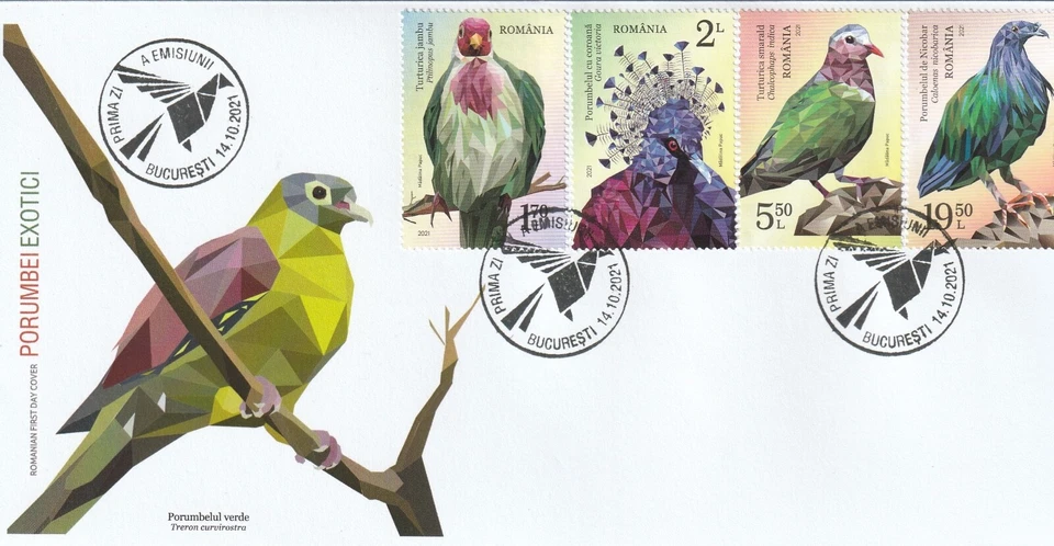 CUBIERTA RUMANIA 2021 PALOMAS EXÓTICAS AVES PRIMER DÍA POST  Foto 1 de 1