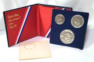 1976 S Proof Set 3 Piece Bicentennial Ike Kennedy Washington 40% Silver US Coins - Foto 1 di 8