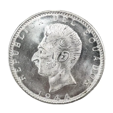 Ecuador 2 Sucres 1944 Mexico City Mint GEM Uncirculated Silver Coin KM #80 C#2 Cover