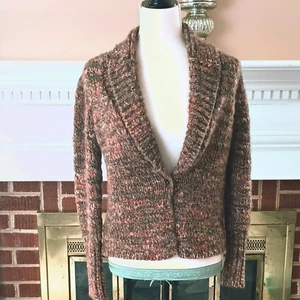 Talbots Chunky Knit Sweater S Brown Speckled Shawl Neck Cardigan Stretch - Picture 1 of 6
