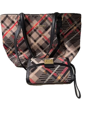 Bolso de Mano y Muñequera Vera Bradley Ella Sophia Borde de Cuero a Cuadros Ultimate Gris Rojo Foto 1 de 4