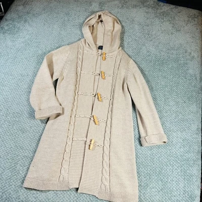 Cárdigan Suéter Lana Vintage BONNIELEE Crema Lona Tejido con Cable Con Capucha Línea Larga Foto 1 de 4
