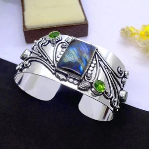 925 Sterling Silver Labradorite  With Peridot Gemstone jewelry Cuff Bracelet - Picture 1 of 4