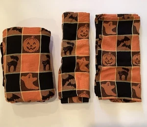 Halloween Tablecloth & 8 Placemats Rectangular Woven Orange Black Cats Pumpkins - Picture 1 of 8