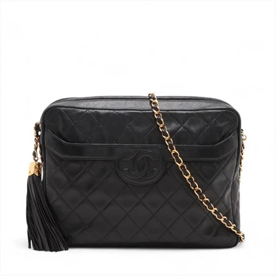 Bolsa de ombro Chanel Matelasse corrente pele de cordeiro franja ouro preto acessórios de metal 2X - Imagem 1 de 4