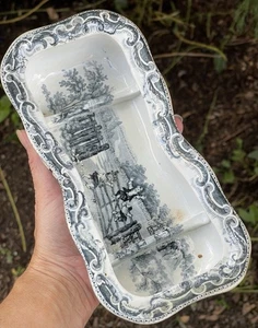 Antikes Transfergeschirr 8" geteilt Schale Kinder spielen auf Zaun Landschaft - Bild 1 von 23