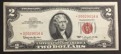 1963 $2.00 TWO DOLLAR RED SEAL STAR NOTE NICE very light circulated low # - Image 1 of 2