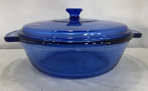 Casseruola vintage Anchor Hocking vetro blu cobalto 2 QT teglia da forno con coperchio USA - Foto 1 di 8