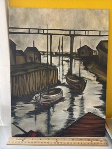 Quadro vintage firmato CL a bordo porto nautico marina al crepuscolo barche da pesca - Foto 1 di 8