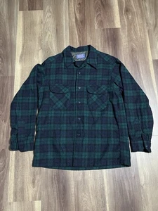 VTG Pendleton Mens Board Shirt Size L Loop Collar 1960s Green Black Watch Tartan - Picture 1 of 8
