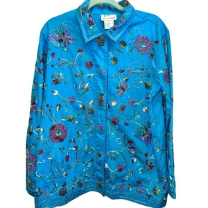Quaker Factory Jacket Women Teal Blue Floral butterfly Embroidery Beaded Size M - Picture 1 of 6