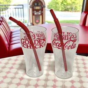 Vintage Golden Chick Coca-Cola Clear Acrylic Pint Cups + Straws 1990s Restaurant - Picture 1 of 8