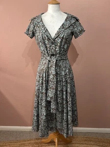 Peruvian Connection Blue & Brown Floral Print Midi Shirt Dress UK 8 - Picture 1 of 5
