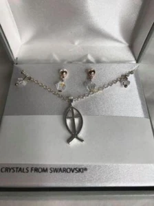 NIB Swarovski Crystals ichthys religious fish cross necklace earrings set - Picture 1 of 4