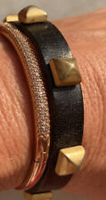 OG Vita Fede Black Italian Leather Pyramid Snap Stud Bracelet Gold Made In Italy