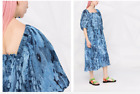 GANNI Dress Women US 4 EURO 36 Blue Floral Print Pleat Puff Sleeve Smocked Midi