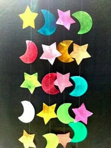 CAPIZ SHELL MOON & STAR  HANGING WINDCHIMES MIXED CAPIZ CHIMES MIXED COLORS - Picture 1 of 9