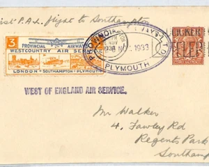 GB KGV Air Mail *PROVINCIAL AIRWAYS* 3d FIRST FLIGHT 1933 Plymouth-So'ton XT110 - Picture 1 of 10