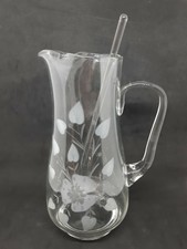 Vintage Etched Floral Clear Glass Martini Cocktail Pitcher And Stirrer