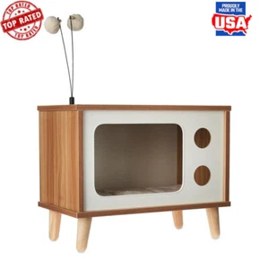 Retro TV Cat Condo W/ Jute Scratching Pad & Washable Mat Fun Design Play & Rest - Picture 1 of 5