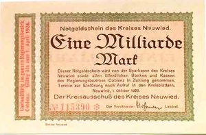 UNCIRCULATED 1923 Germany NEUWIED 1 BILLION /1000000000 Mark Banknote - Picture 1 of 2