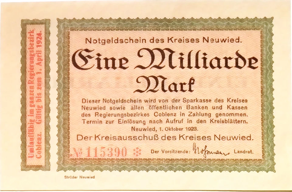 UNCIRCULATED 1923 Germany NEUWIED 1 BILLION /1000000000 Mark Banknote - Image 1 of 2