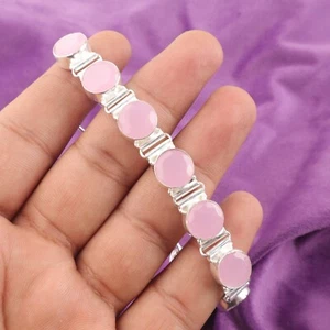 Brazalete Art Deco cadena cumpleaños plata esterlina piedras preciosas calcedonia rosa redonda - Imagen 1 de 6