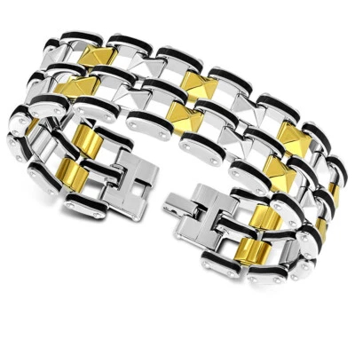 Brazalete de acero inoxidable tono plata tono dorado negro cadena de eslabones anchos para hombre, 8,75" Foto 1 de 2