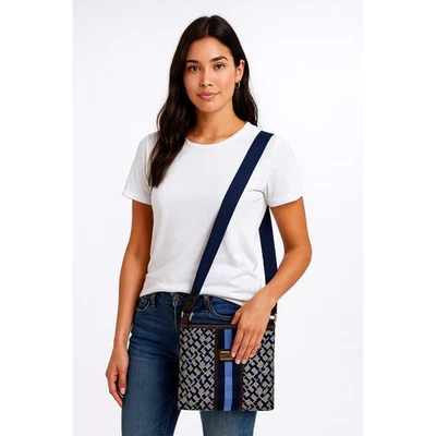 Tommy Hilfiger Small Crossbody Bag Blue Geometric Stripe Adjustable Strap Purse - Image 1 of 4