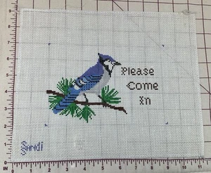 Blue Jay Pine Tree Branch Please Come In Vintage Handpainted Needlepoint Canvas - Picture 1 of 5