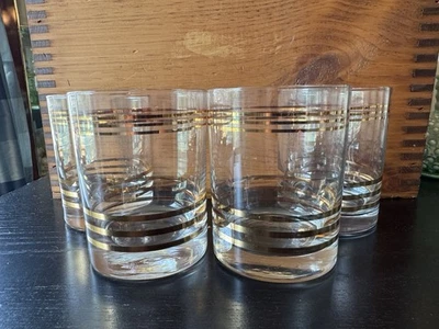 Juego de 4 vasos MCM dorados a rayas dobles Old Fashion Rocks 14 oz. 4 1/8" NOS Foto 1 de 4