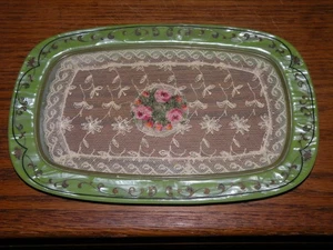 ANTIQUE VTG FILIGREE LACE PETIT POINT EMBROIDERY VANITY TRAY 1930's Bakelite - Picture 1 of 18