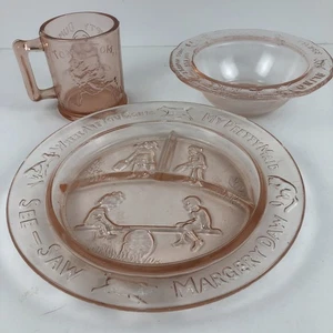 Vintage Amethyst Indiana Glass Nursery Rhyme Grill Plate, Bowl and Mug 3 Pc Set - Picture 1 of 24