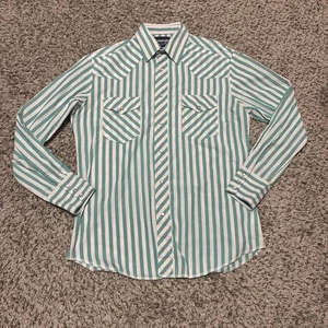 Wrangler Western Shirt Pearl Snap Button Size Medium Teal Blue Stripes - Picture 1 of 5