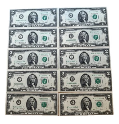 1976 10 $2 Notes New York Sequential Consecutive Serial Numbers Lot BU Crisp - Image 1 of 2