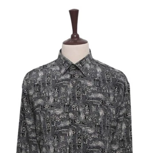 Mens 90s Silk Button Up Shirt XL Gray Black Abstract Block Print Party Club - Picture 1 of 6