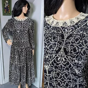 Vintage 80s Art Nouveau Velour Velvet Crochet Lace Collar Maxi Dress 12 40 - Picture 1 of 10