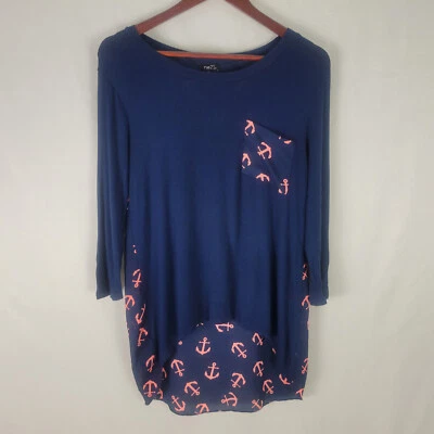 Rue21 Shirt Womens Medium Blue High Low Tunic Top Naval Anchor Pocket Round Neck - Image 1 of 4