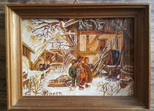 ölgemälde gerahmt "Kinder mit Schlitten" 175 x 130 mm - Bild 1 von 1
