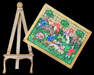 Vtg Gold Florentine Hand Colored Block Art DOG HUNT Picture MCM Japan w/ Easel - Picture 1 of 20