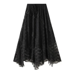 White Black Lace Skirt Lady Spring/Summer Irregular Dress Midi A-line Drawstring - Picture 1 of 14