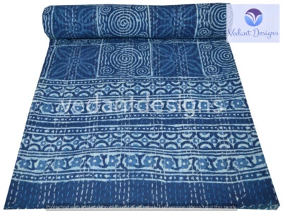 Colcha bordada indiana Kantha bloco de colcha algodão azul - Imagem 1 de 4