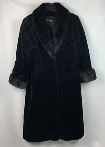 Olympia Coat Black Faux Persian Lamb Faux Fur Collar Cuff Pockets Lined Size L - Picture 1 of 17