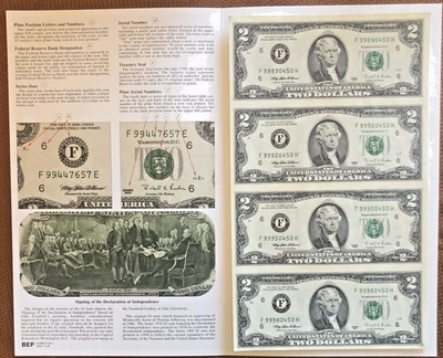 1995 Uncut Sheet of 4 $2 Dollar Bills Currency Bureau of Engraving & Printing 1 - Image 1 of 4