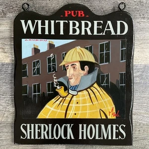 Insegna legno PUB WHITBREAD Sherlock Holmes Londra dipinta a mano firmata Silwood 13x11 - Foto 1 di 10