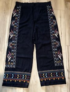 Anthropologie Embroidered Black Floral Straight Leg Pants Trousers Large