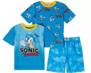 SONIC The Hedgehog Pajamas Boys 7/8 NEW 3 Piece Two Shirt Shorts Sonic Pjs Set - Picture 1 of 6