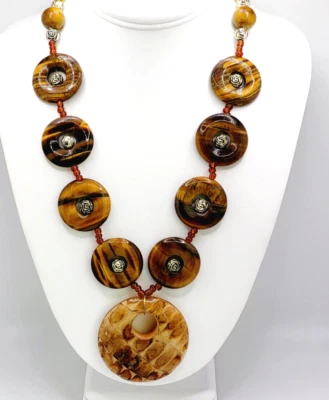 Vintage Artisan Tigers Eye Necklace Amber Color Bead Wood Pendant 21" - Image 1 of 4