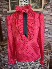 Sz 12 EUC 50s/60s Red Black Polka Dot Ruffle Collared Blouse Pleated Shoulders